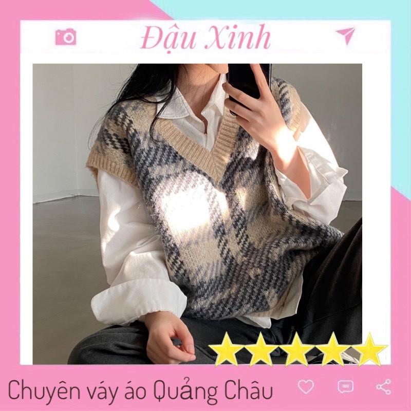 Áo gile len áo len nữ ulzzang hàn quốc dáng rộng len mỏng kẻ caro - 023 | WebRaoVat - webraovat.net.vn