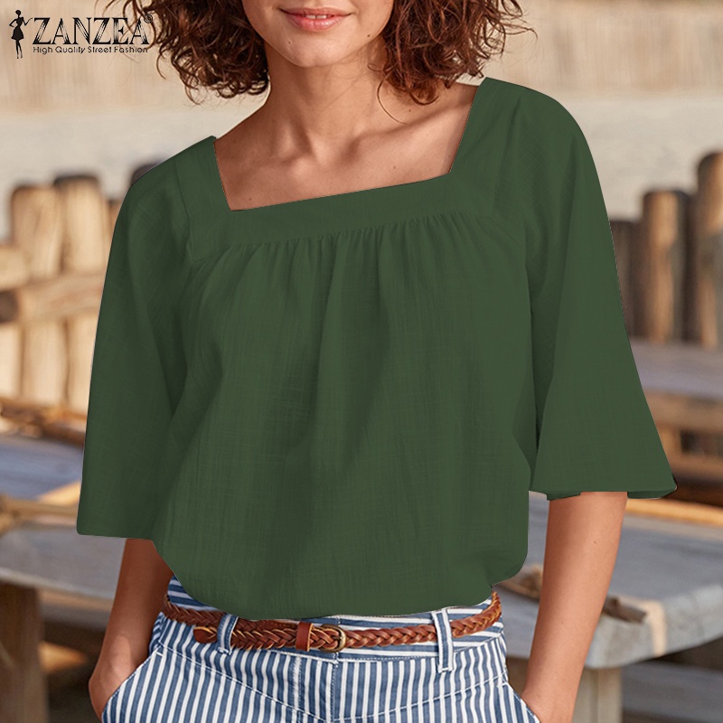Zanzea Áo Kiểu Cổ Vuông Tay Loe Màu Trơn Phong Cách Bohemian Dành Cho Nữ