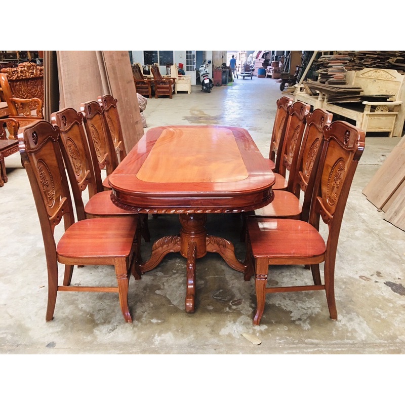 Bộ Bàn Ăn Oval Gỗ Căm Xe Mặt Gõ 1m9 8 Ghế Đẹp Giá Rẻ