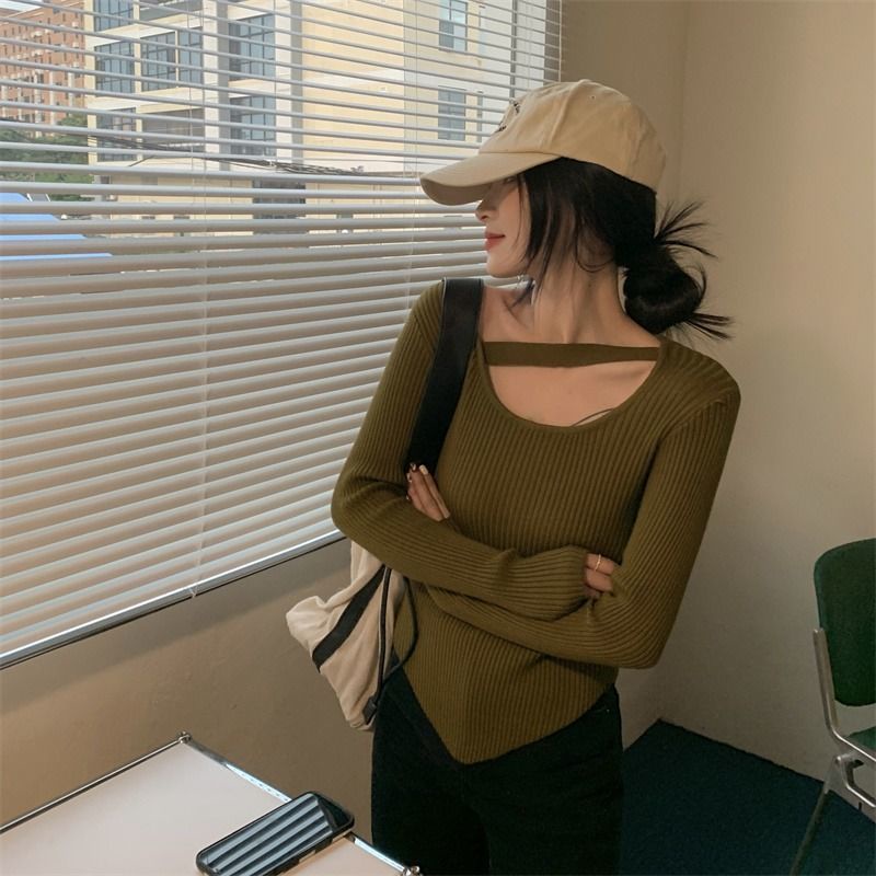 COZOK Áo sweater Dệt Kim Tay Dài Trễ Vai Thiết Kế Lệch Tà Cá Tính Dễ Phối Đồ