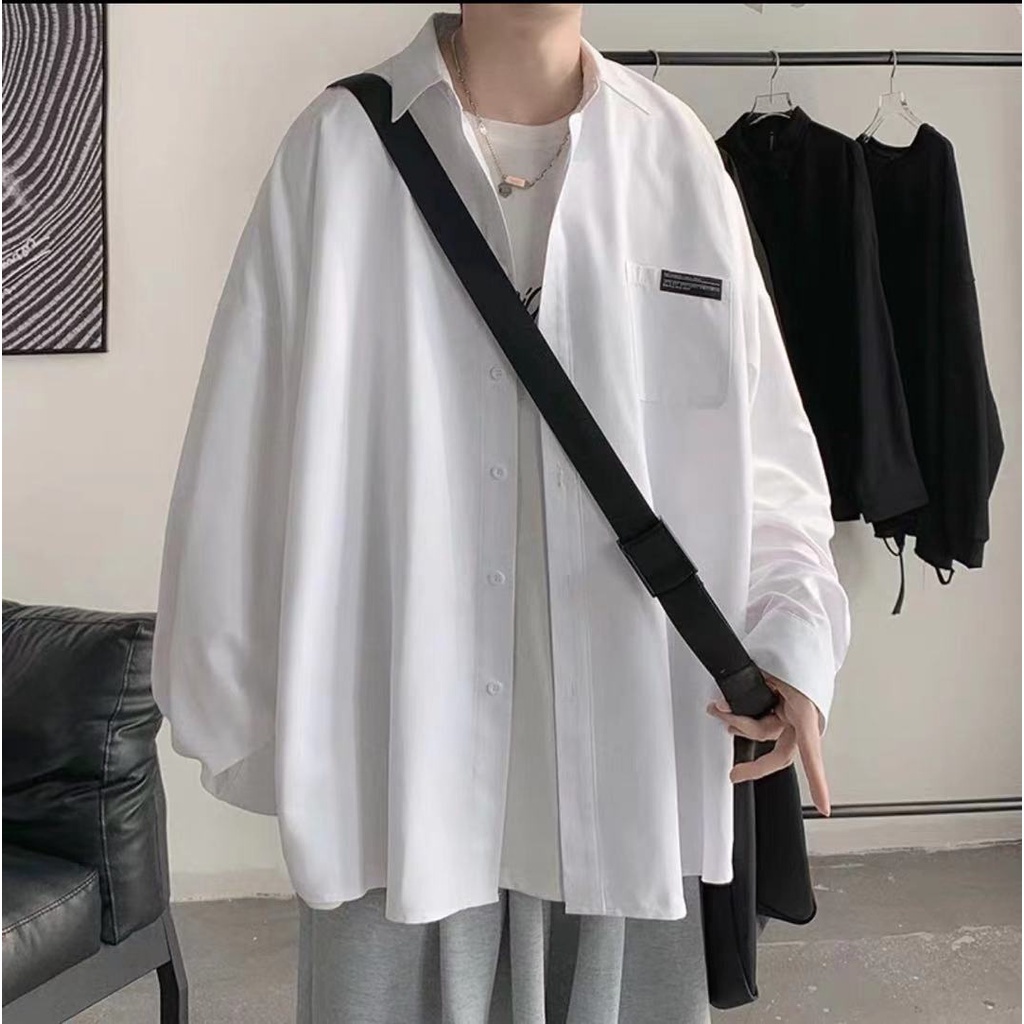 Áo sơ mi màu trơn tay dài dáng rộng cổ bẻ phong cách Hàn Quốc thời trang xuân thu cho nam