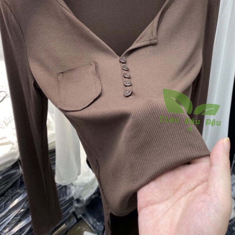 Áo thun nữ cổ V phối khuy che bụng len tăm mỏng nhẹ hàng đẹp