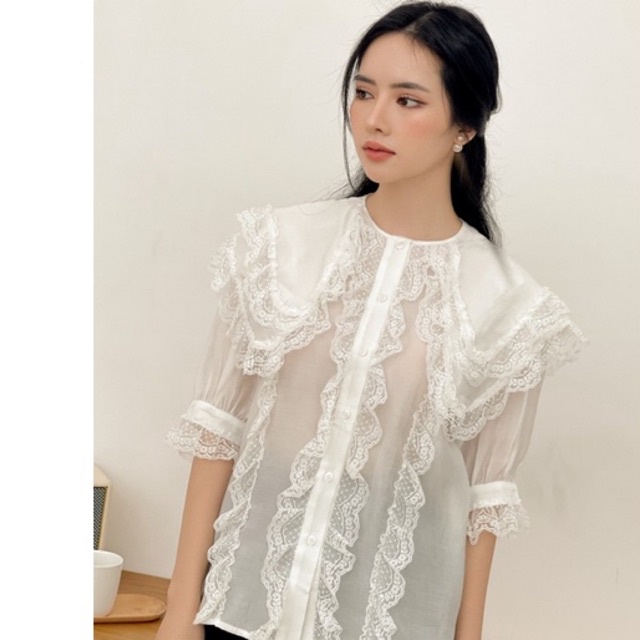 Áo sơ mi phối ren tay ngắn , Peace House Clothing