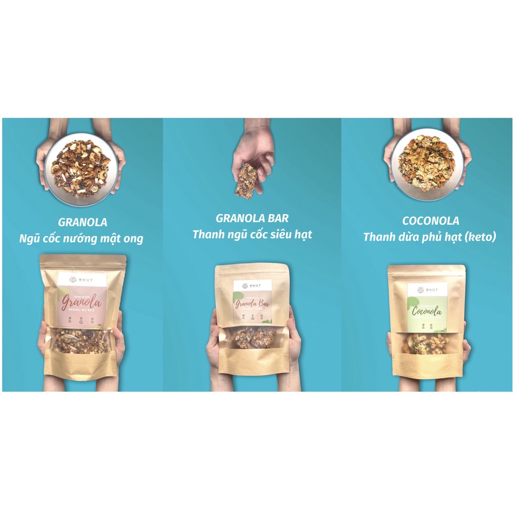 Combo hạt dinh dưỡng ngũ cốc 3 loại granola + granola bar + coconola (keto) ăn kiêng, giảm cân an toàn hiệu quả (9Nut)