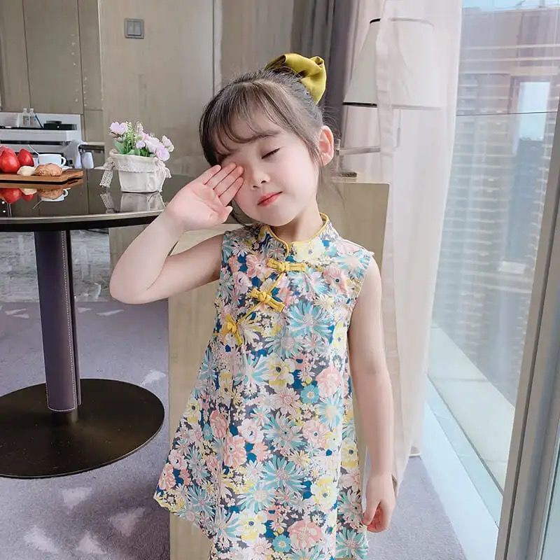 Đầm Sườn Xám Ngắn Tay Thời Trang Cho Bé Gái 1-9 Tuổi