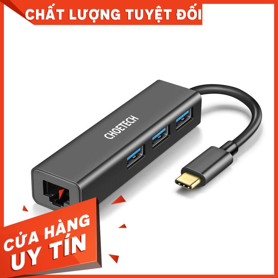 Hub Adapter chuyển đổi 4 in 1 Type-C ra 3 cổng USB 3.0 & cổng LAN RJ45 hiệu CHOETECH U02BK dùng cho Macbook / Laptop