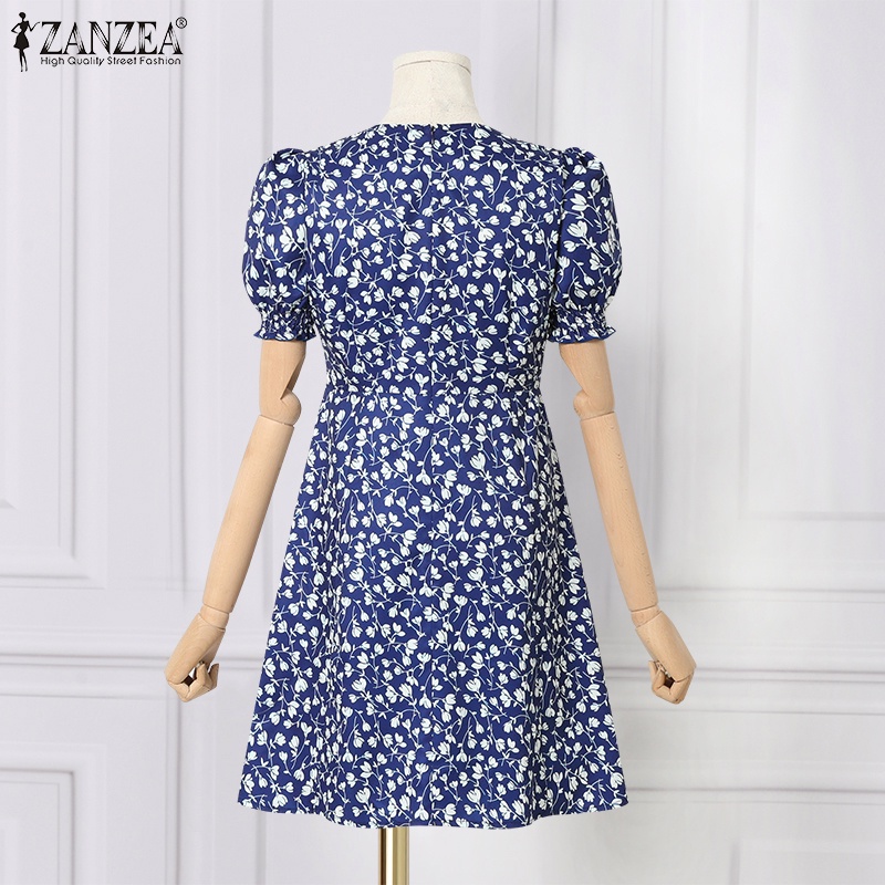 Đầm ZANZEA tay phồng cổ vuông in họa tiết hoa phong cách Hàn Quốc thời trang cho nữ