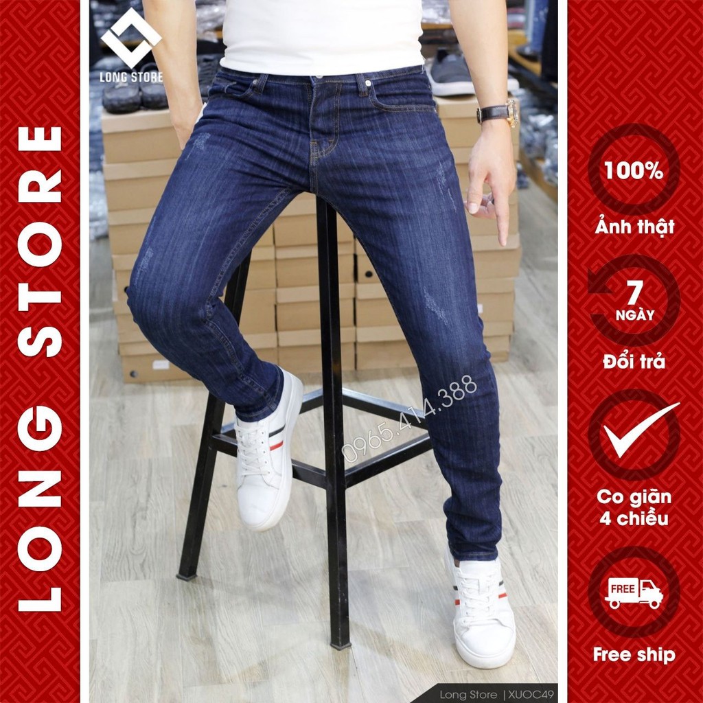Quần jean nam xước cao cấp ống đứng dáng ôm skinny màu xanh đậm chất bò co giãn LONGSTORE Xuoc49