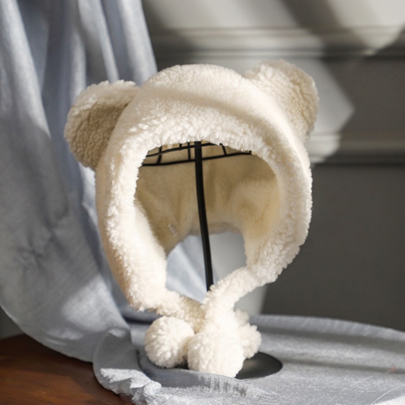 Mũ lông nhung dày dặn hình tai gấu có dây buộc cằm đính quả bông giữ ấm chống gió mùa đông cho nữ