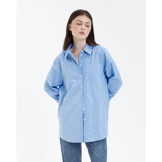 TheBlueTshirt - Áo Sơ Mi Phom Rộng Nữ Xanh Sọc Trắng - Oversized Pocket Shirt - Blue Stripe Classic