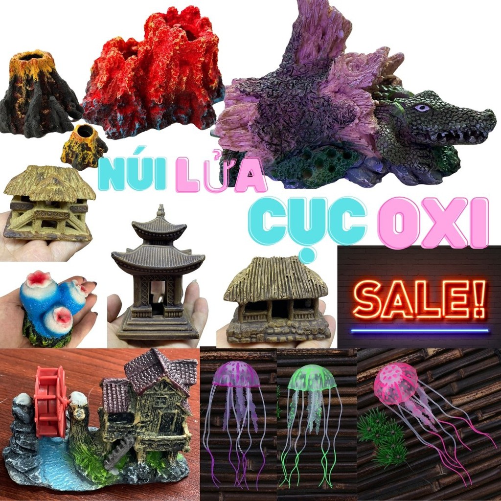 Mô hình cá sấu , con sứa giả , sủi oxy núi lửa , lọ hoa | các phụ kiện trang trí bể