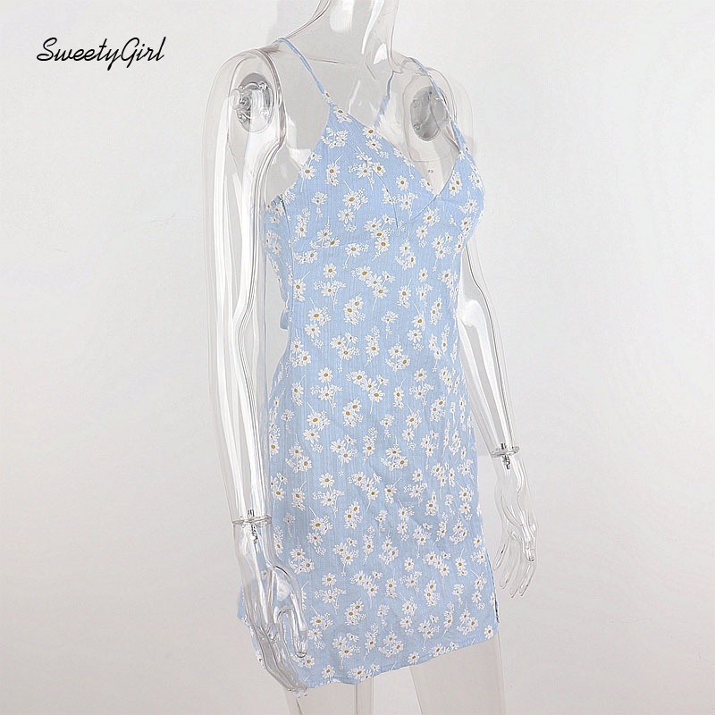 Đầm hai dây cổ chữ V họa tiết hoa thời trang sành điệu cho nữ