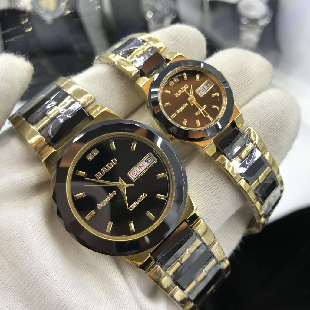 Đồng Hồ Nam Nữ RAD0 Sapphire L033 Viền Đá Đen, Dây Thép Đá Đen Máy Pin Nhật