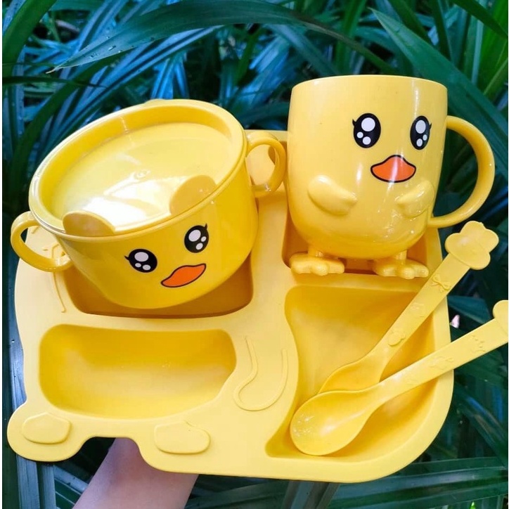 Bộ Bát Ăn 5 Món Khay, Bát, Cốc, Thìa, Dĩa Vịt Vàng Kute Cho Bé