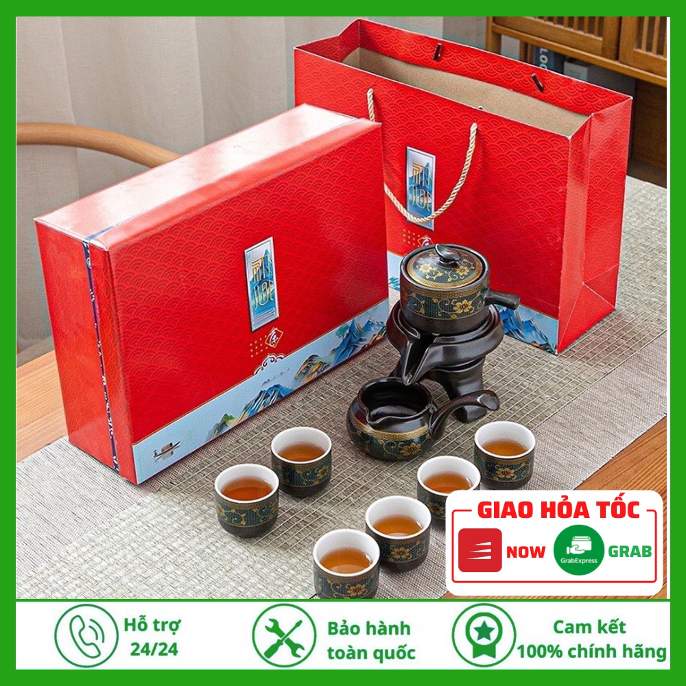 Bộ Ấm Chén Uống Trà Cối Xay Gốm Sứ Cao Cấp Hoa Văn Lòng Chén Trắng Đen