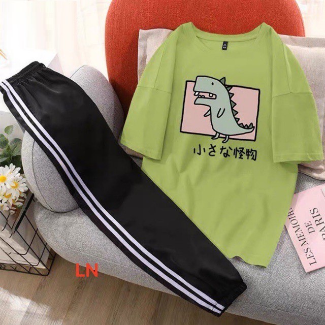 Sét Bộ Đồ Nữ Mặc Mùa Hè , Áo Phông Nữ Cotton In Khủng Long MIx Quần Thun Sọc Bo Gấu Phong Cách Teen Hàn Quốc