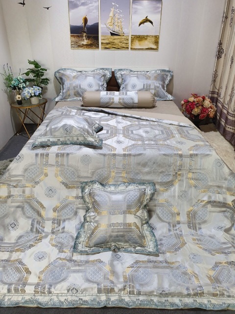 Bộ chăn ga gối Gấm nhập 7 món hàng đẹp ( ảnh chụp thật)