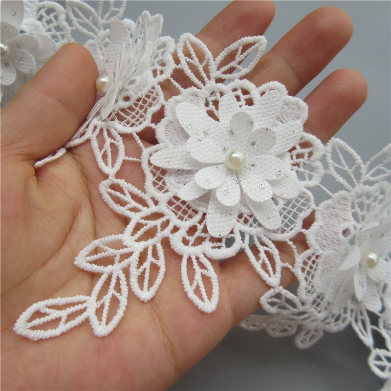 Set 10 Dây Ruy Băng Ren Thêu Hoa Đính Ngọc Trai Giả Bằng Vải cotton Màu Trắng Trang Trí Thủ Công