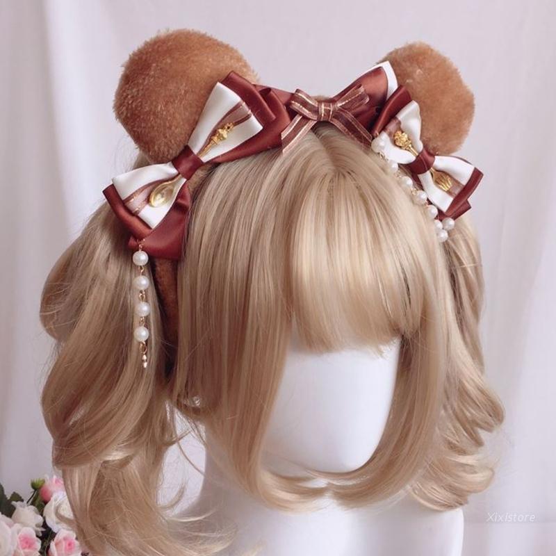 Cài tóc tai gấu bằng vải lông trang trí nơ và chuỗi hạt ngọc trai nhân tạo lolita dễ thương cho tiệc hóa trang anime