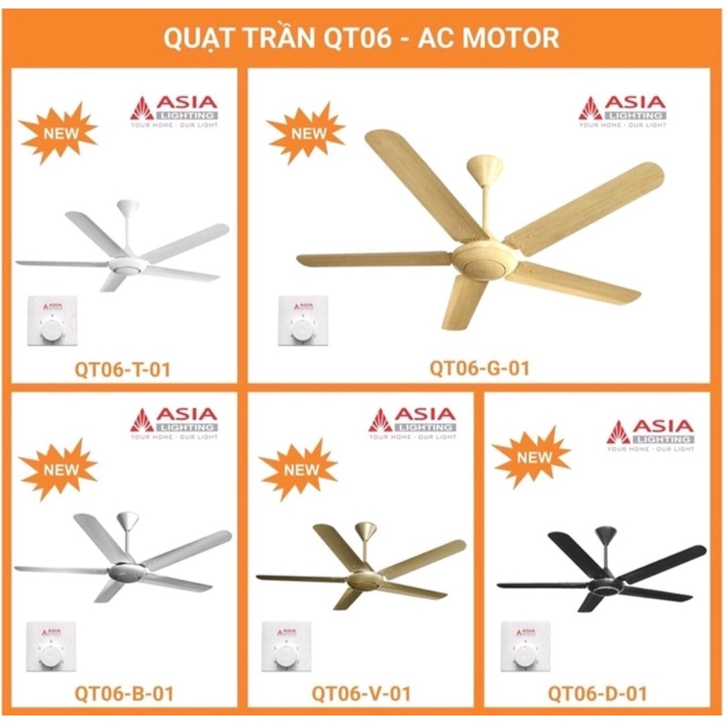 (chính hãng) Quạt trần 5 cánh cao cấp  QT06-ASIA -Trắng/Đen/Bạc /Vàng/Gỗ