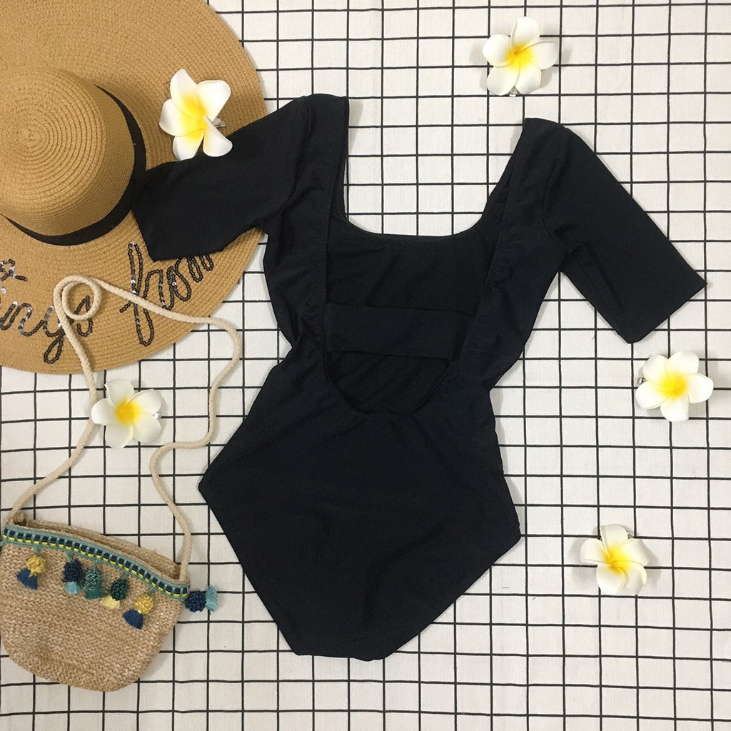 Áo bơi nữ 1 mảnh liền kín đáo Louro, kiểu bikini đi biển tay ngắn chun eo phong cách đồ bơi hàn quốc - SW02