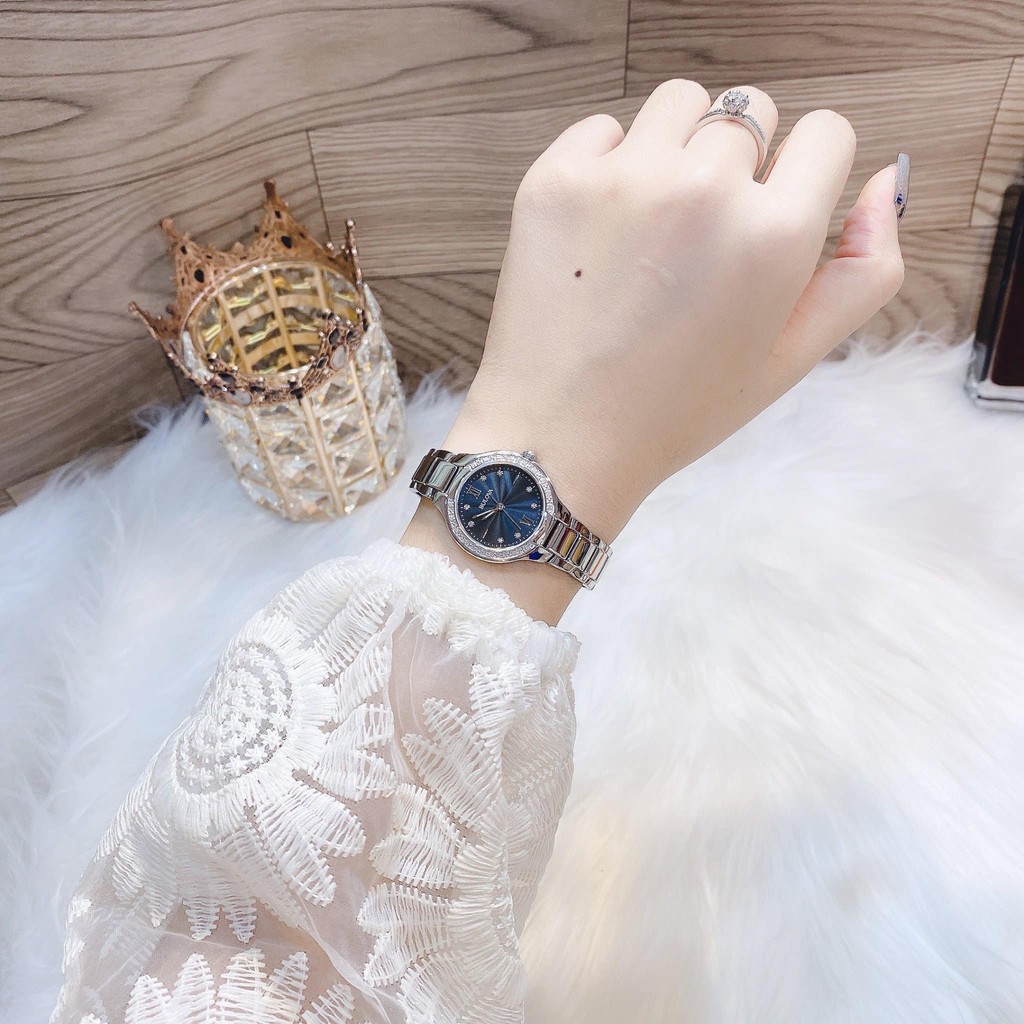 Đồng hồ nữ Bulova 96R207 mặt đen, viền đá  ⚜️Hàng Authentic⚜️