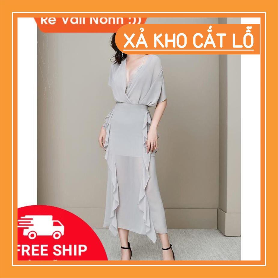 DAMDUTIEC Áo váy kiểu áo chéo ngực váy dài bèo hai bên