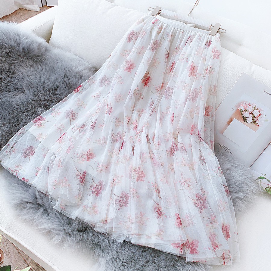 Chân váy xếp ly, chân váy lưới dài in hoa cổ tích siêu xinh VD0038 | BigBuy360 - bigbuy360.vn