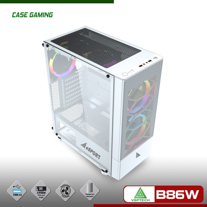 Thùng vỏ PC - Case VSP B86W Trắng Gaming Mặt Lưới, Mặt hông kính cường lực, chất liệu thép &amp; nhựa ABS cao cấp