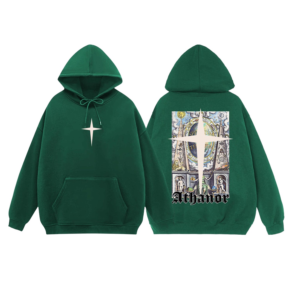 Áo hoodie local brand ATHANOR chất nỉ bông 100% cotton premium form rộng tay bồng mẫu orbit màu đen và xanh lá