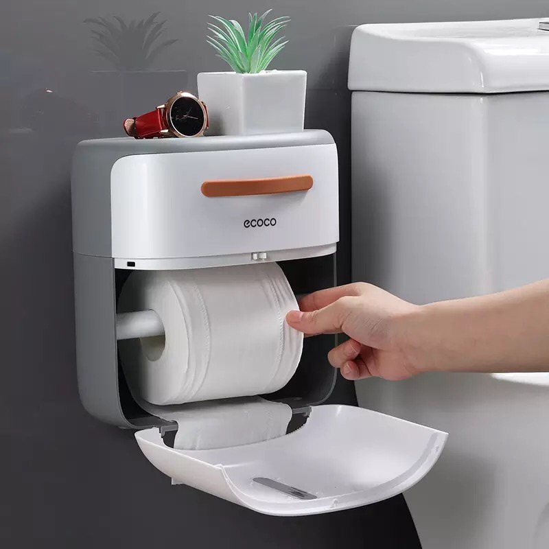 Hộp đựng giấy vệ sinh 2 ngăn có cần giữ lõi giấy ECOCO mã 2213