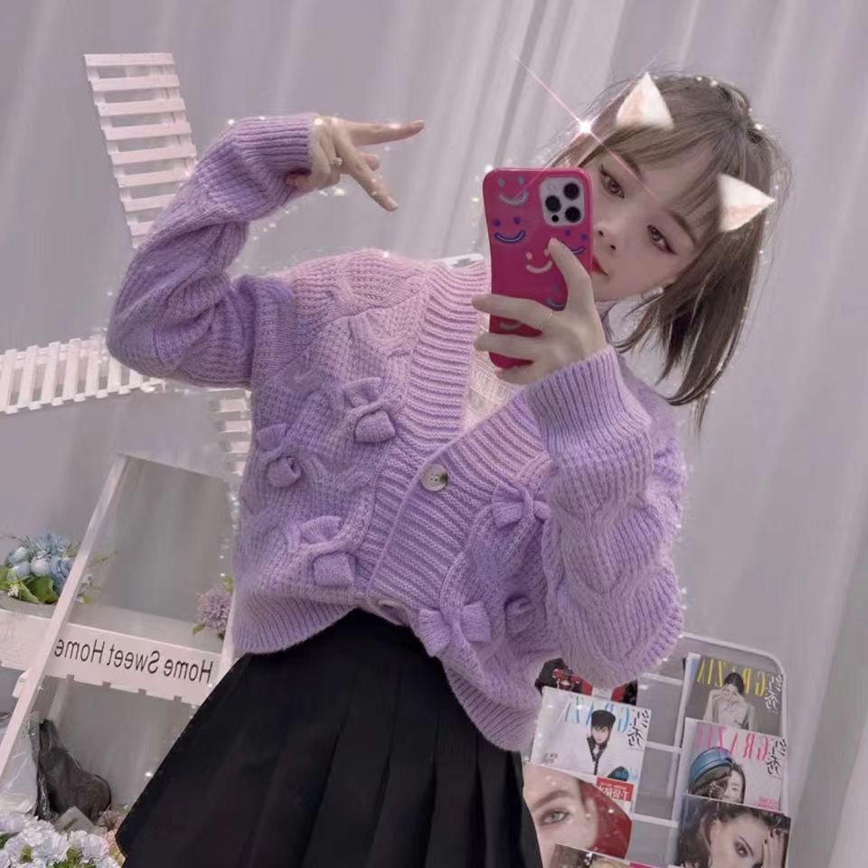 Áo Sweater Dệt Kim Dáng Rộng Đính Nơ Thời Trang Mùa Thu Hàn Quốc Mới