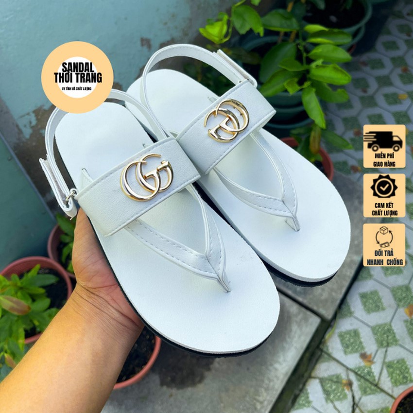 Dép quai hậu nữ nam, SANDALTHOITRANG Sandal nữ đi học quai chữ T GG Full Trắng size 30-44