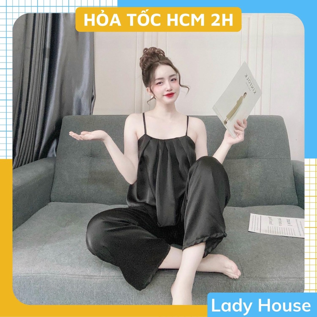 Đồ Lụa Mặc Nhà, Đồ Bộ Nữ Đồ Ngủ Áo Dây Nhún Ngực Quần Dài Chất Lụa Satin Fill Màu Form Rộng Rãi Sang Trọng Kín