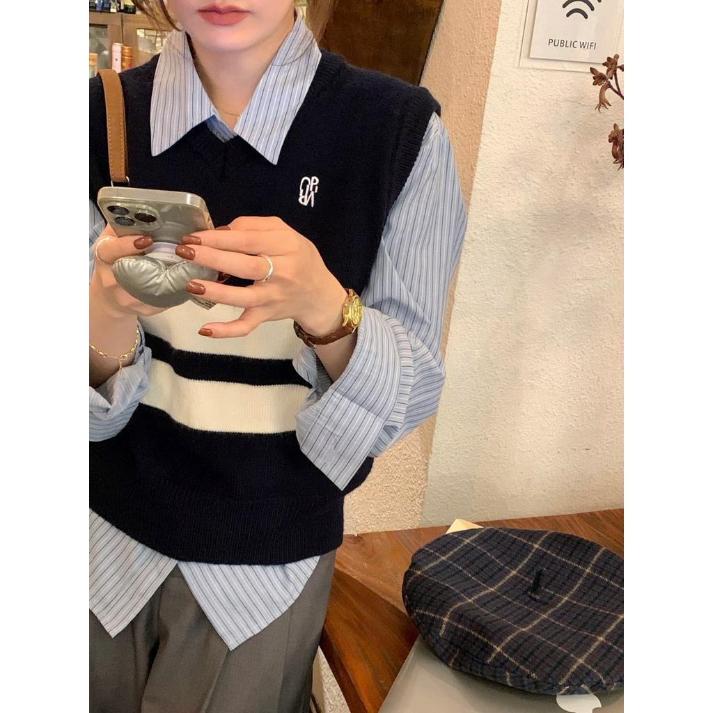 Áo sweater Dệt Kim Sát Nách Cổ Chữ v Phối Màu Thời Trang Thu Đông 67848