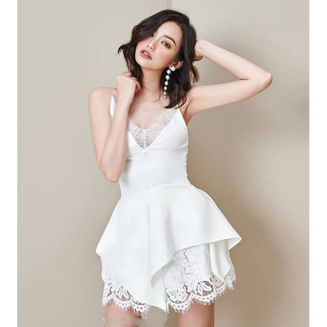Đầm trắng xòe kiểu hai dây cup ngực phối ren đơn giản đi dạo phố đi tiệc siêu xinh MS1786