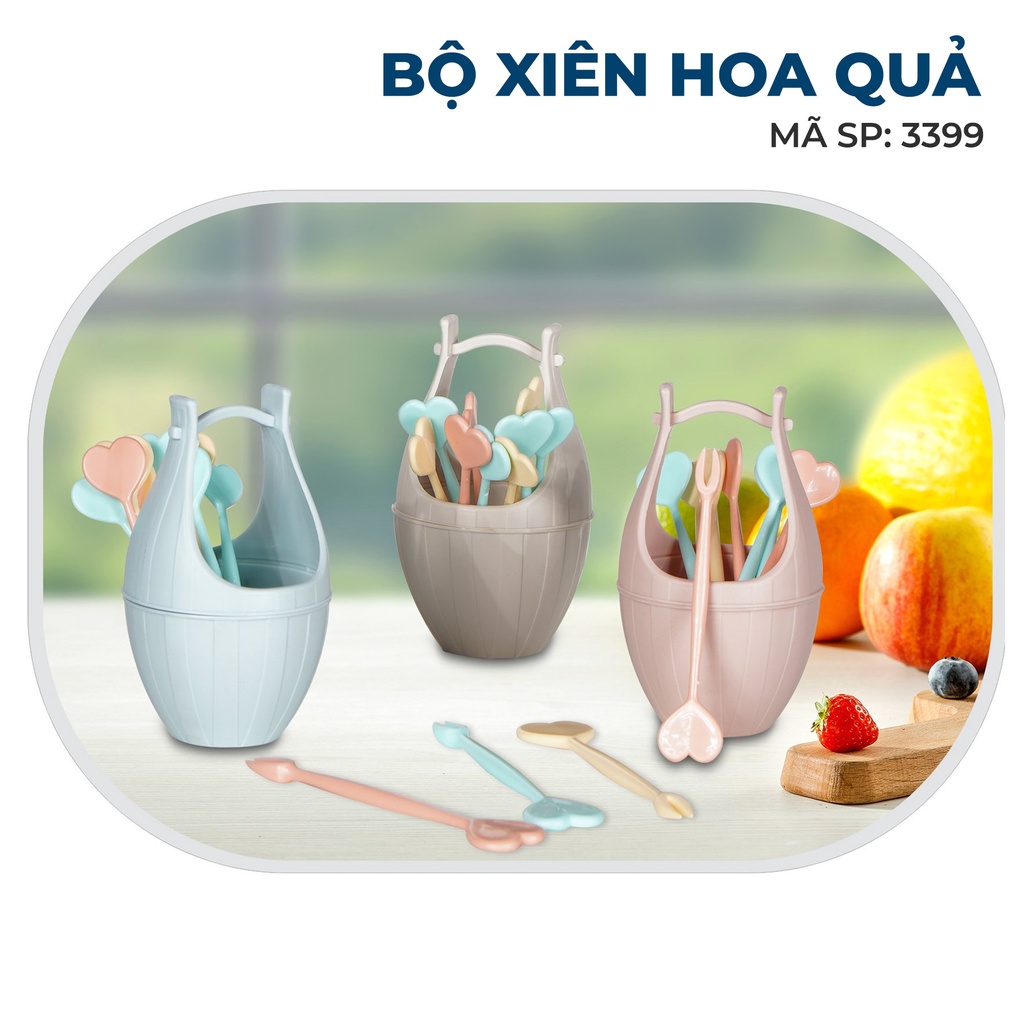 Bộ 10 chiếc dĩa xiên hoa quả hình trái tim kèm giỏ đựng có tay xách nĩa ăn trái cây đồ tráng miệng nhựa Việt Nhật 3399
