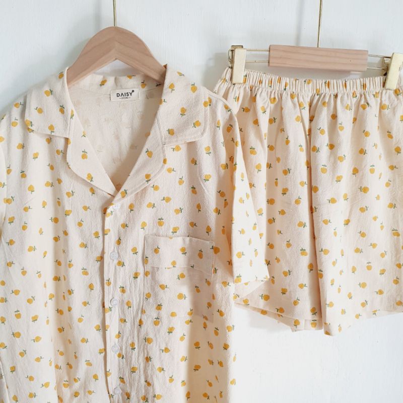Pyjama mặc nhà thô đũi cara họa tiết quả chanh