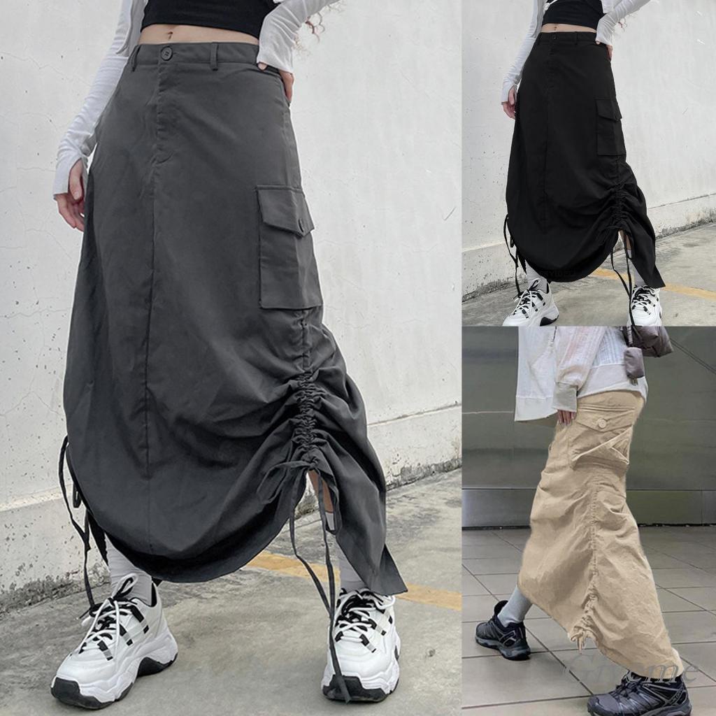 Chân Váy Dài Dáng Rộng Màu Trơn Dây Rút Tùy Chỉnh Thời Trang Mùa Hè Cho Nữ