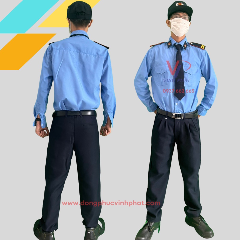 Áo Đồng Phục Bảo Vệ Dài Tay Màu Xanh Chất Vải Dày Dặn Thoáng Mát Mẫu Đẹp -Bao Gồm Phụ Kiện- Hình thật