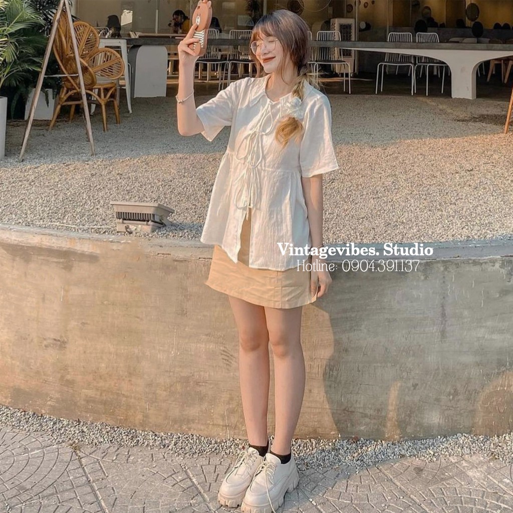 Áo babydoll cổ 3 nơ tiểu thư kèm chân váy Ulzzang (hàng QCCC) - Ảnh thật + Video thật