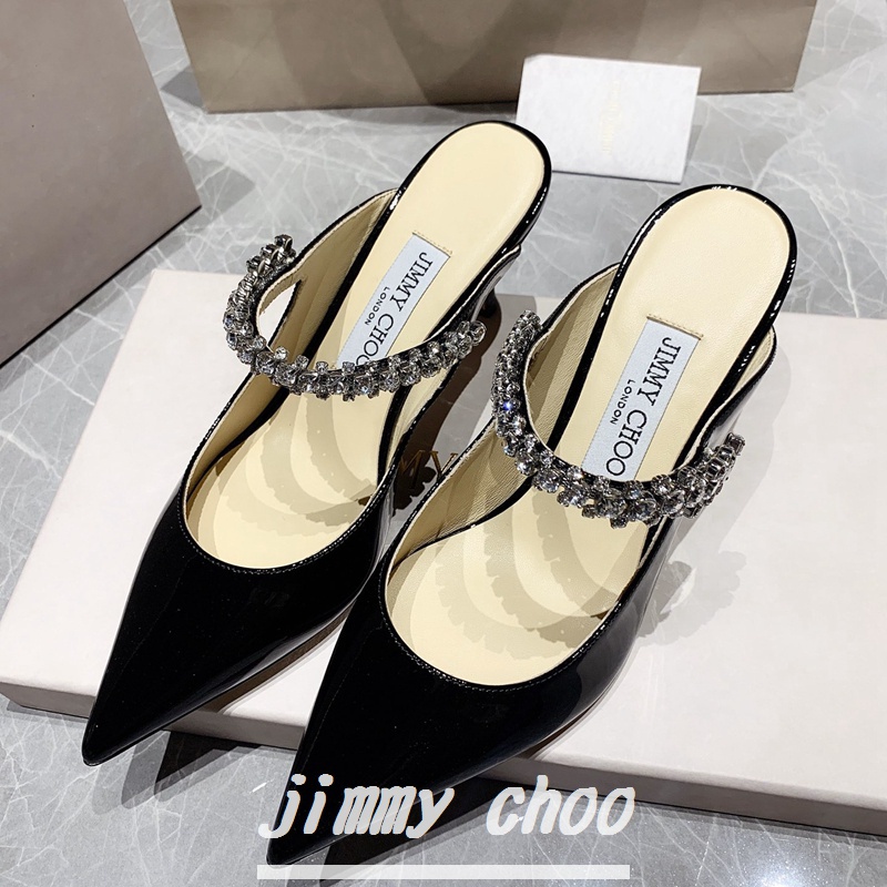 JIMMY CHOO Giày Cao Gót 6.5cm Mũi Nhọn Bằng Da Bò Đính Đá Thời Trang Quyến Rũ Cho Nữ