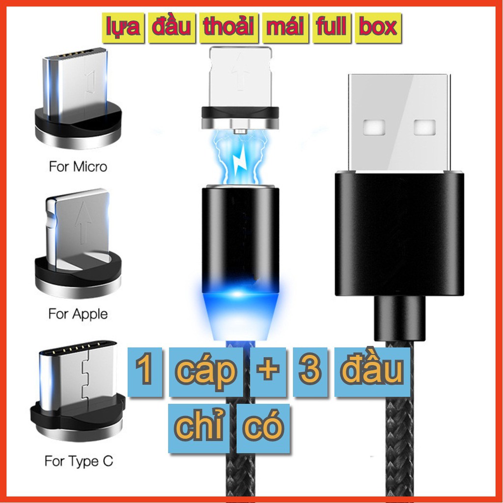 Cáp sạc từ hít nam châm 2 đầu Android và iPhone 360 độ dây dù,có LED