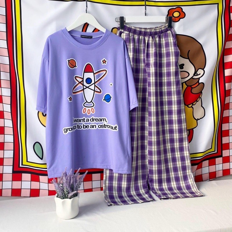 Sét áo tím 3D+quần kẻ tím