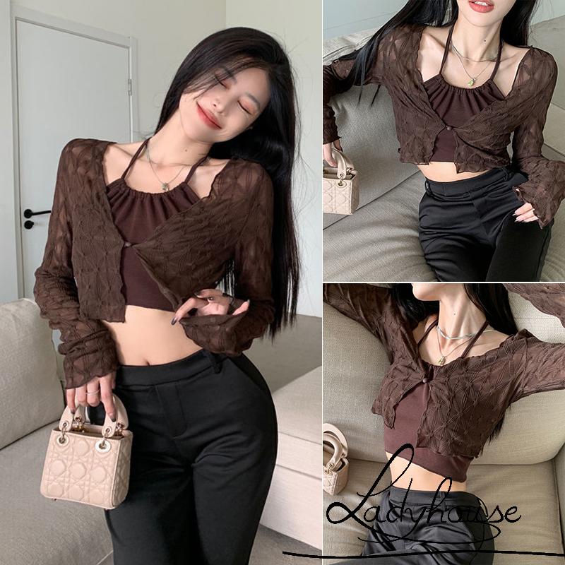 Áo Croptop Tay Dài Màu Trơn Cài Nút Thời Trang Dành Cho Nữ