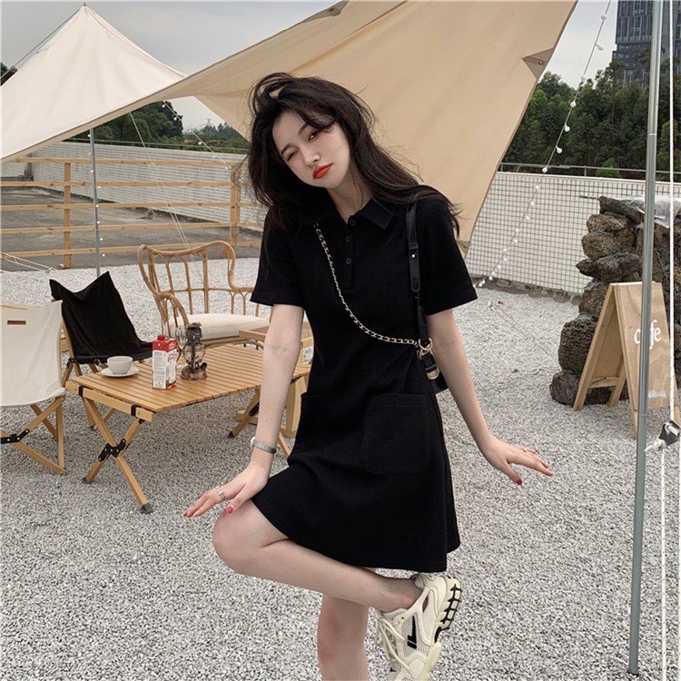 Váy Thun Polo Cộc Tay Dáng Xòe Chiết Eo Túi Trước Đầm Phông Nữ Ngắn Tay Cổ Bẻ