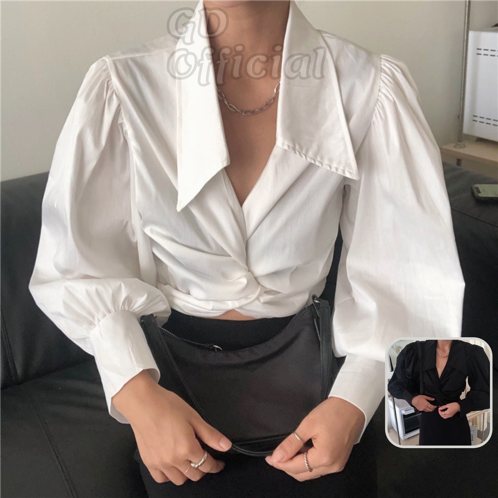 A54|Áo sơ mi nữ thắt lưng eo cá tính hở ngực dáng croptop màu trắng, đen GD Official