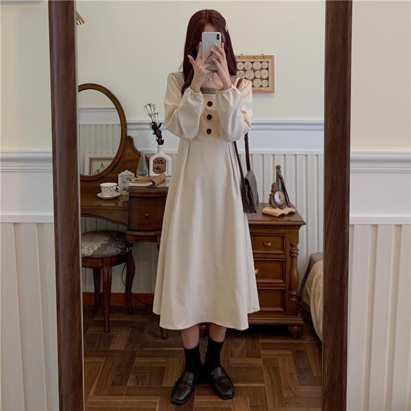 ⭐0412⭐ Korean style square neck long sleeve midi dress