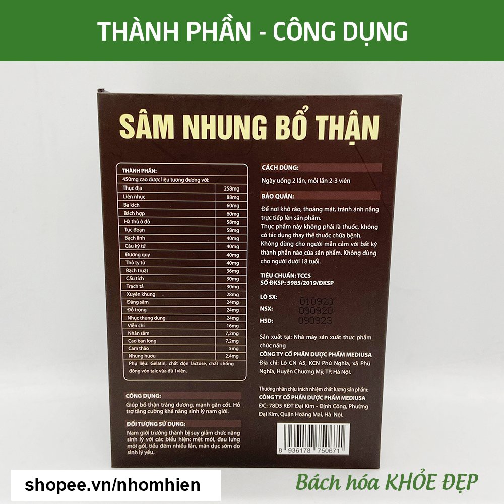 Viên uống tăng cường sinh lý nam Sâm Nhung Bổ Thận giảm đau lưng, mỏi gối, tiểu đêm nhiều - Hộp 30 viên