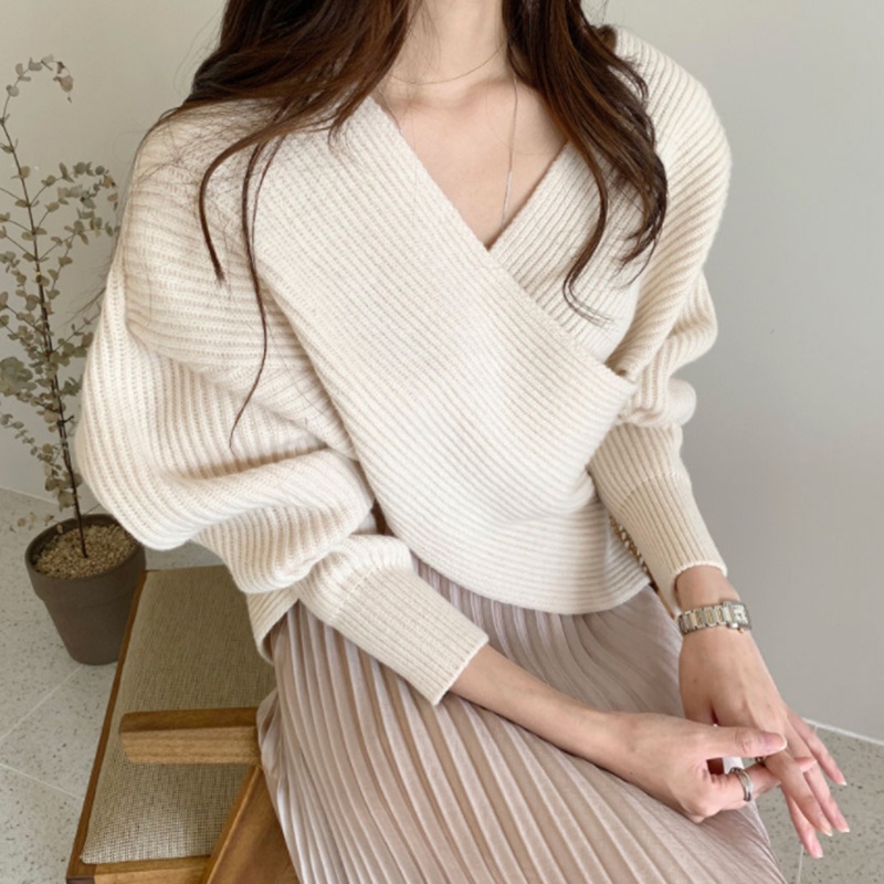 Áo sweater SUXI tay dài cổ chữ V dáng rộng phong cách Hàn Quốc